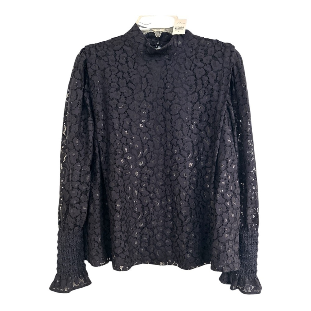 Ann Taylor Floral Lace High Neck Smocked Cuff Lined Top Navy Size Small NWT